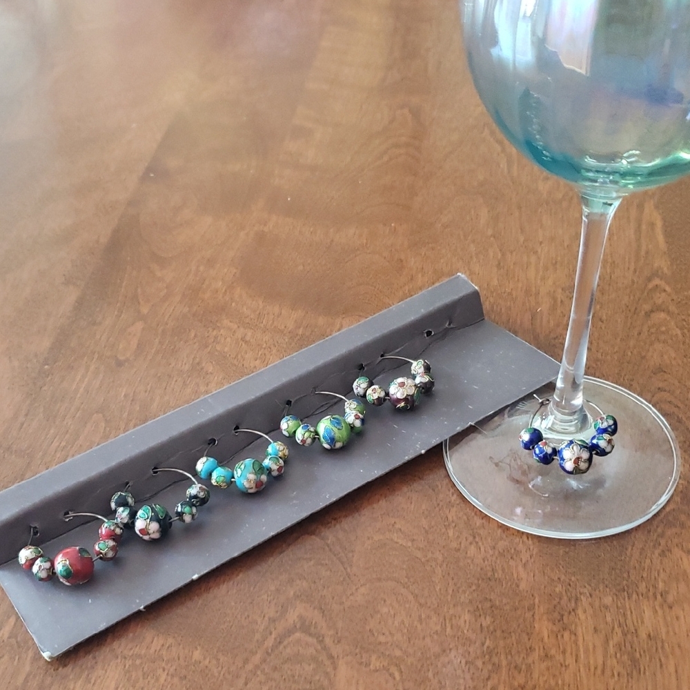 Floral Beaded Glass Wine Charms - Multicolor Set (6)